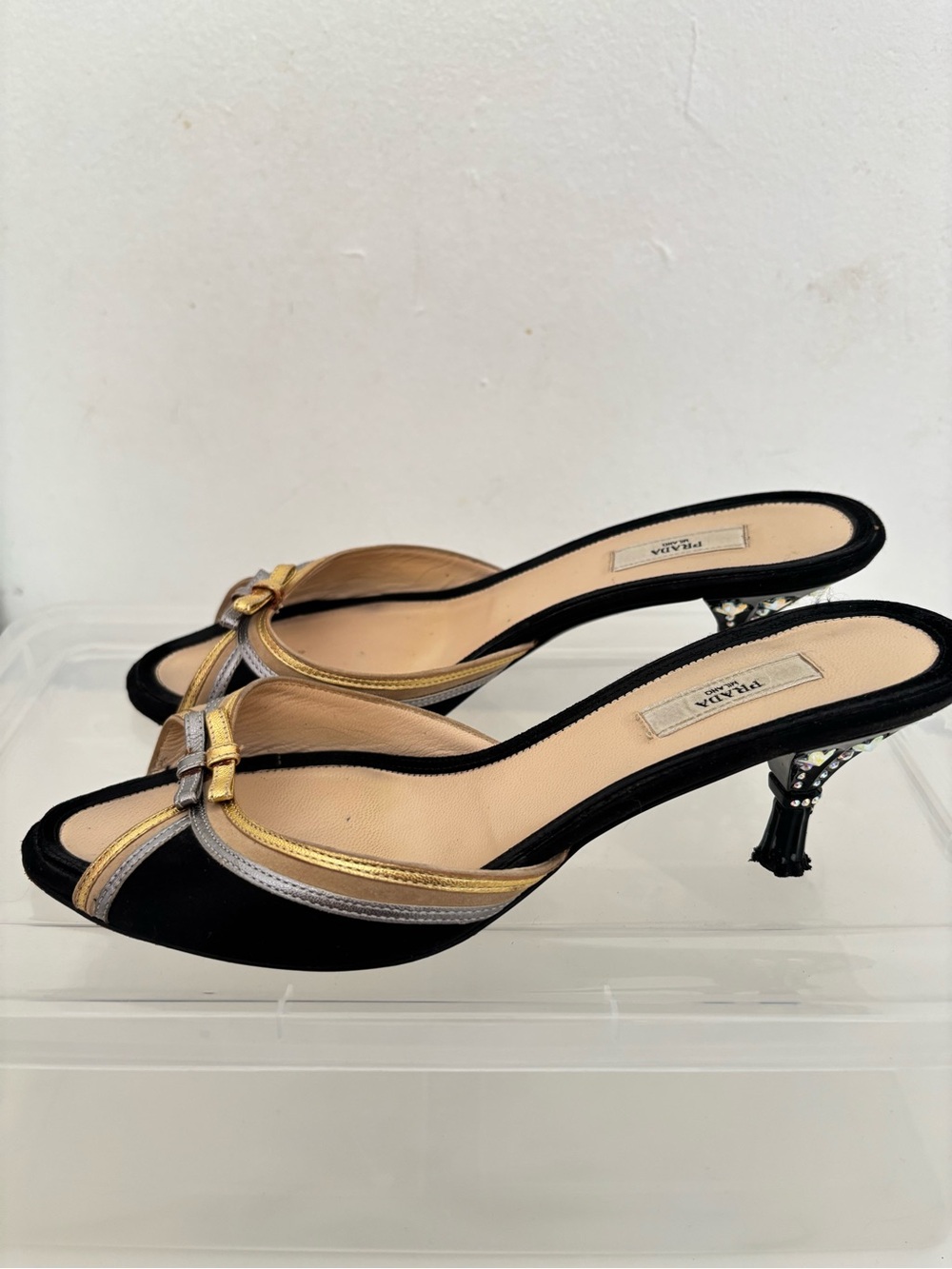 Prada Black, Gold & Silver Open-Toe Slide Embellished Heels - Picture 2 of 7